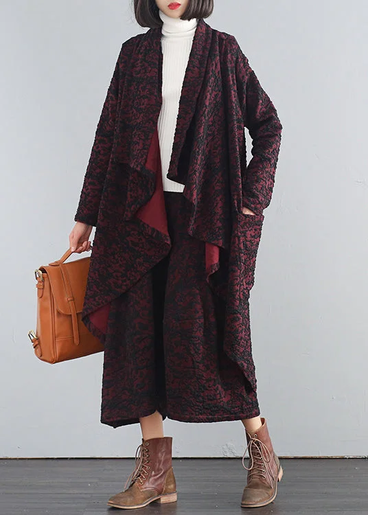 Modern Mulberry V Neck Print Trench Coats And Crop Pants Two Piece Set FallCollege Jackets