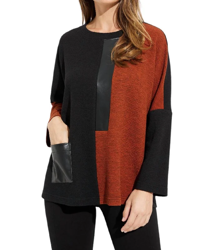 Faux Leather Two Tone Sweater In Black/tandooriScoop Neck Knit Tops