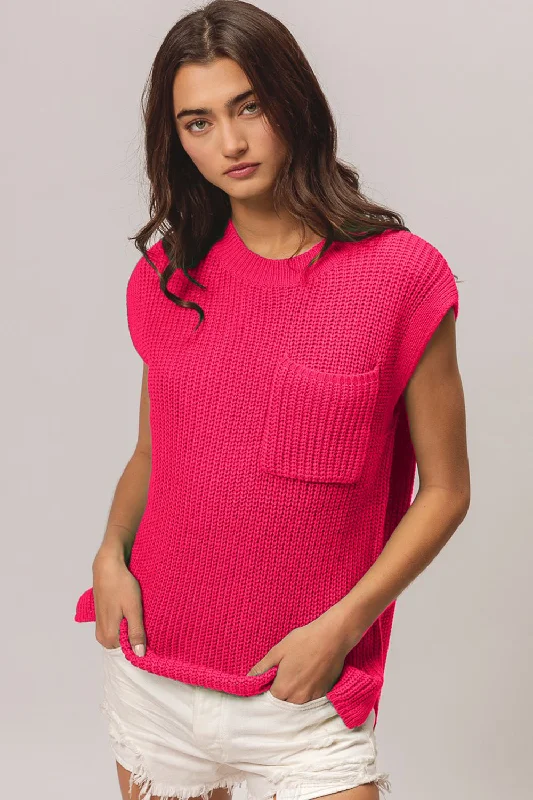 Patch Pocket Cap Sleeve Sweater TopOversized Knit Tops