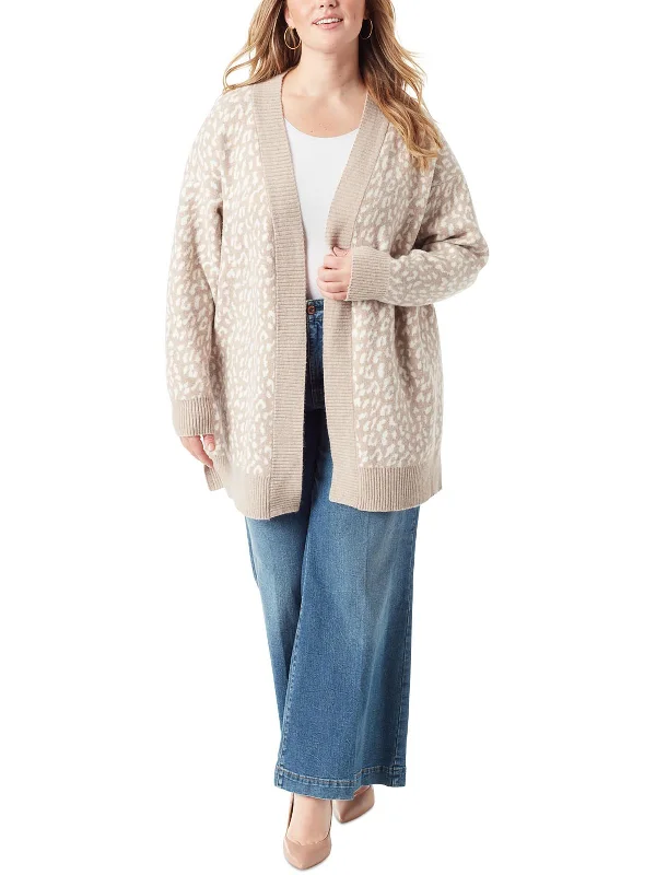 Plus Womens Knit Animal Print Cardigan Sweater