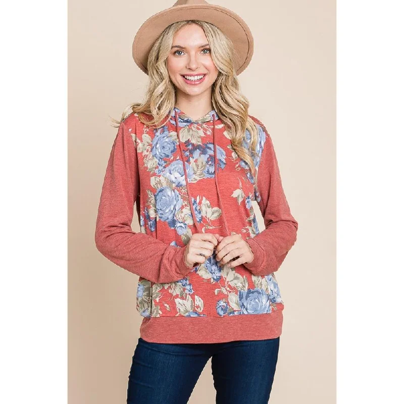 Kangaroo Pocket SweatshirtsFloral Printed Contrast Hoodie With Relaxed Fit And Cuff Detail