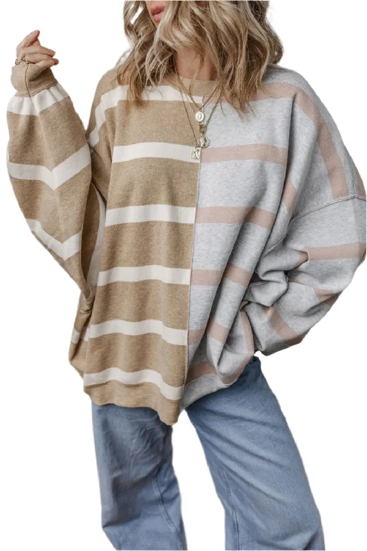 Limited Edition HoodiesKhaki Stripe Colorblock Oversized Sweater