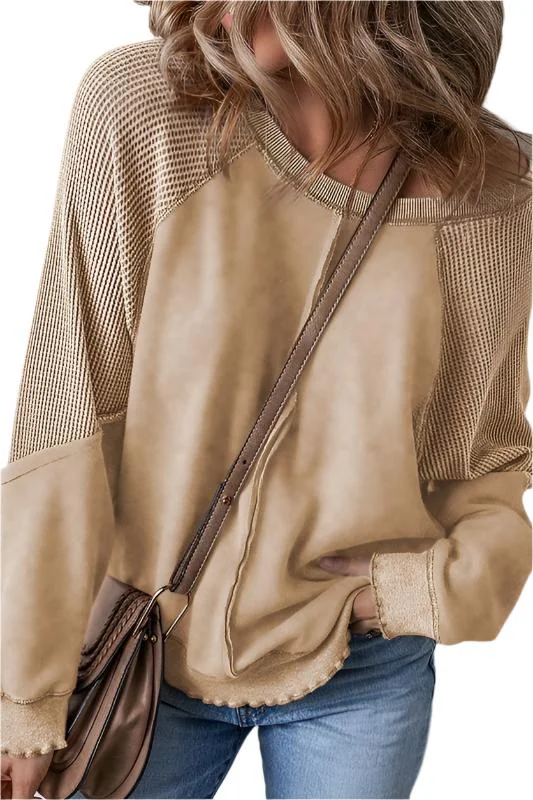 Skateboard SweatshirtsWaffle Patchwork Sleeve Exposed Seam Sweatshirt
