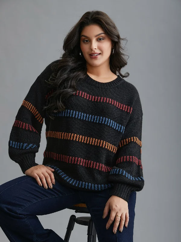 Multi-Color Stripes Textured Crew Neck Pullover