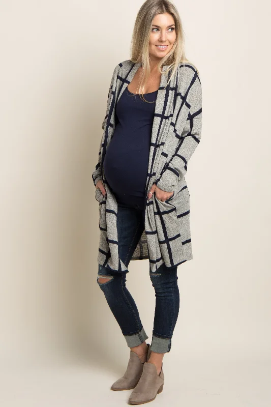 Smart cardiganPinkBlush Grey Plaid Long Knit Maternity Cardigan